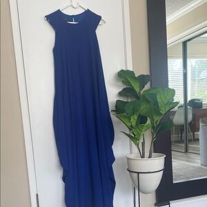 Sleeveless Cobalt Blue Maxi Dress — Modern Draped Silhouette